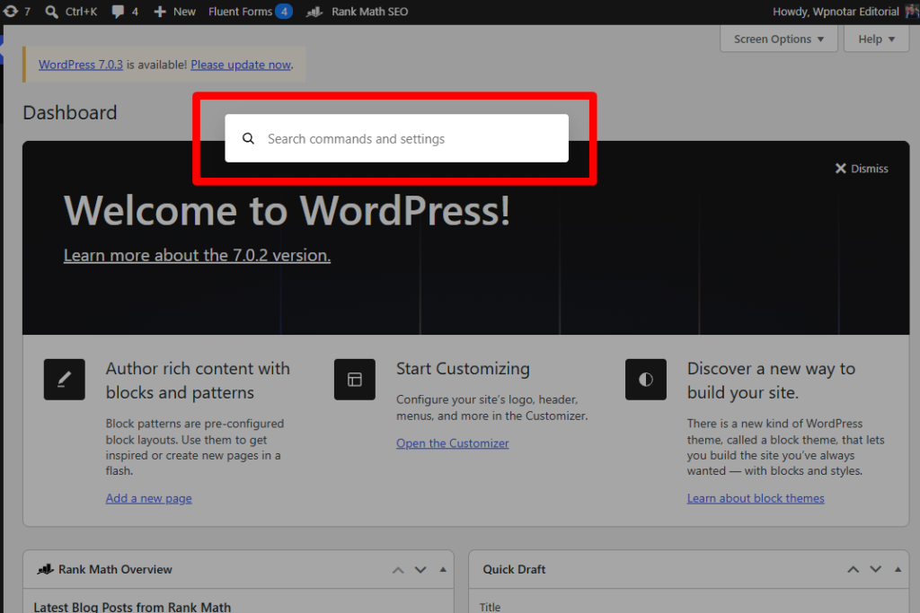 search anything in new wordpress dashboard
