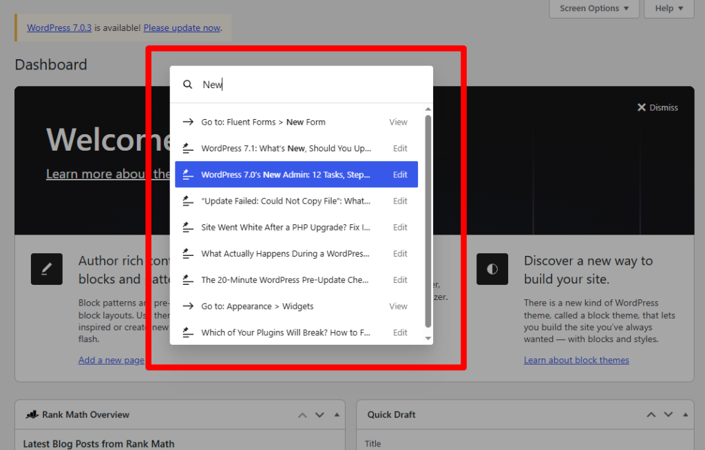 find any page or settings in wordpress admin dashboard