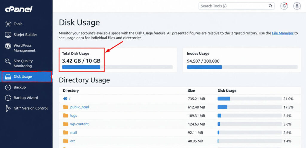 Check disk space for WordPress update