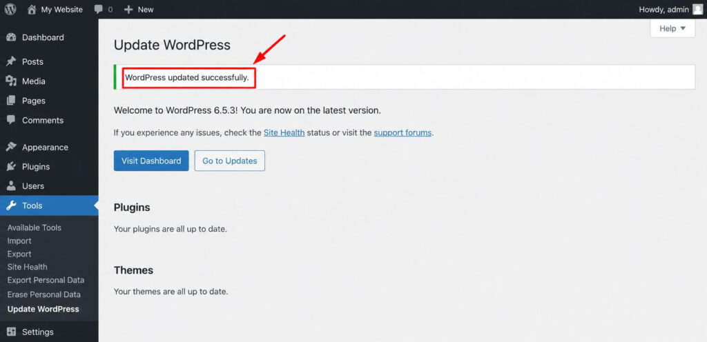 WordPress updated successfully